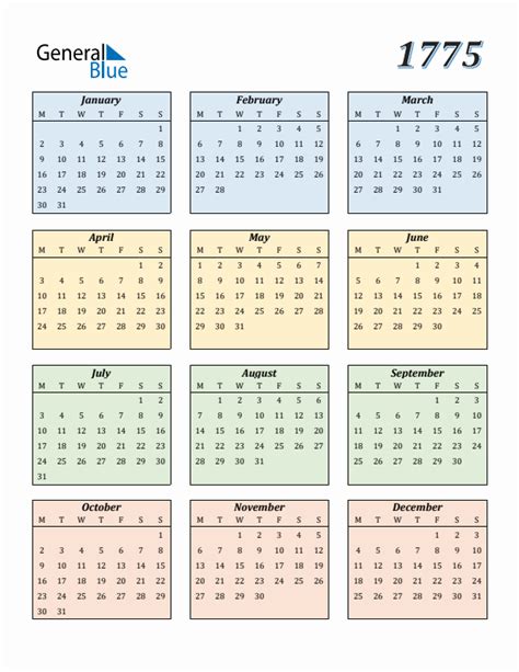 1775 Yearly Calendar Templates with Monday Start