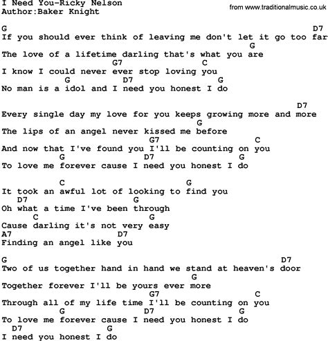 Country Music:I Need You-Ricky Nelson Lyrics and Chords