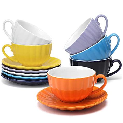 amhomel Porcelain Cappuccino Cups with Saucers Set of 6 - 6 Oz Coffee Cups with Saucers for ...