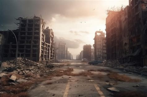 Premium Photo | Post apocalyptic city background Destroyed buildings