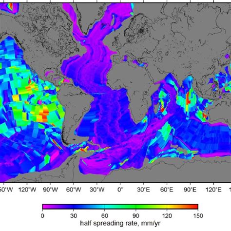 Global predicted abyssal hill rms heights. Gray areas indicate regions ...