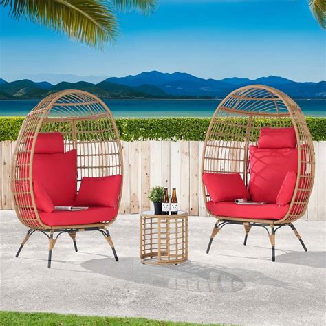 BFB 3-Piece Wicker Round Side Table Outdoor Bistro Set Wicker Egg Chair with Red Cushion JF ...