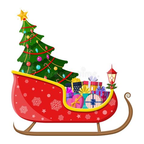 Santa`s Sleigh With Christmas Gifts Boxes With Bows And Christmas Tree ...