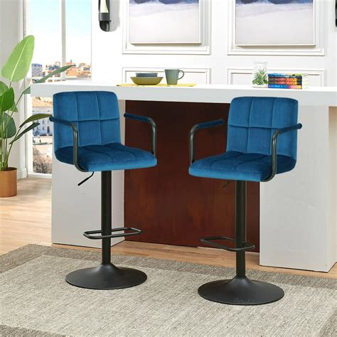 Duhome Bar stools Set of 2 Blue Velvet Modern Design Adjustable Swivel ...