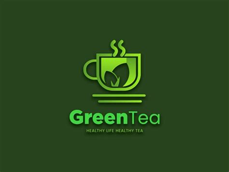 the green tea logo is shown on a green background with a cup of coffee and leaves