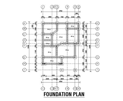 Foundation layout of 9x12m residential plan is given in this Autocad ...