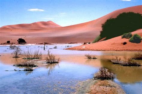 A rare sight of water amongst the dunes of the famous Sossusvlei dunes in the Namib Desert ...