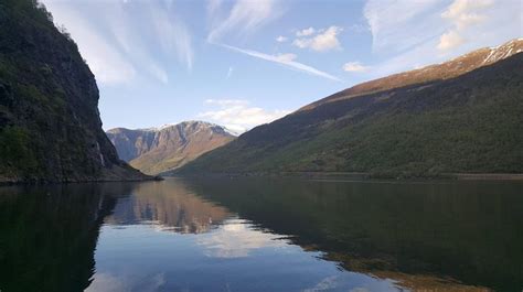 Aurlandsfjord Norway as seen from Flåm. At it's deepest point the fjord ...