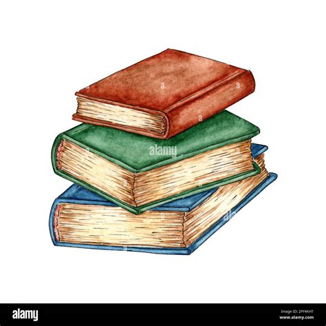 Watercolor illustration of a stack of old books. Books stacked on top ...