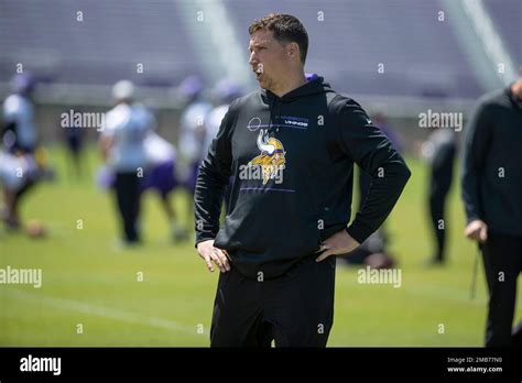 Minnesota Vikings assistant offensive line coach Justin Rascati watches ...