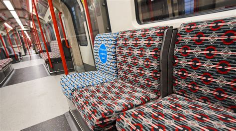 Revamped Central line trains with the new moquette and upgrades