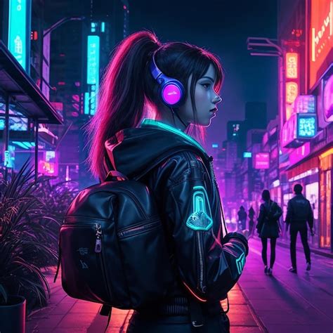 Premium AI Image | megapolis cyberpunk girl neon lights