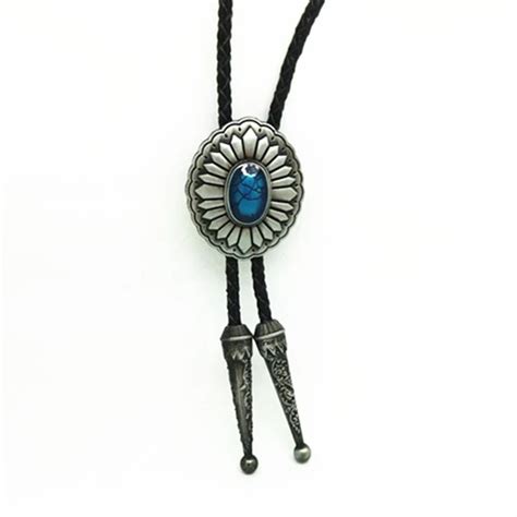 Vintage Western Bolo Tie blue stone decorative metal buckle Cowboy Leather Necktie Men's ...