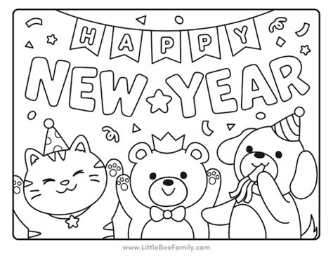 Happy New Year Party Coloring Page - Little Bee Family