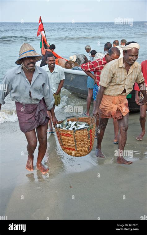 Fisherman returning from sea with their daily catch of fish in a wicker ...