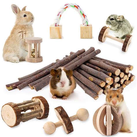 Buy JanYoo 7Pcs Rabbit Chew Toys for Teeth Guinea Pig Toy Accessories Cage Wooden Natural ...