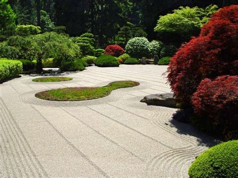 The Japanese sand garden has gravel beds raked into ripple patterns of graceful simplicity ...