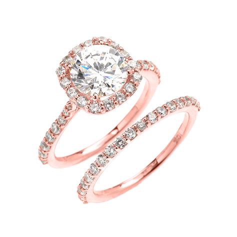 Beautiful Dainty Rose Gold 3 Carat Halo Solitaire CZ Engagement Wedding Ring Set
