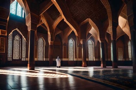 Premium AI Image | A man stands in a mosque with a prayer inside.