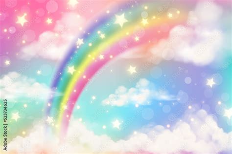 Abstract rainbow background with clouds and stars on sky. Fantasy ...