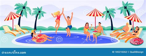 Young Happy People on Summer Pool Party. Vector Flat Cartoon Characters Illustration. Men, Women ...