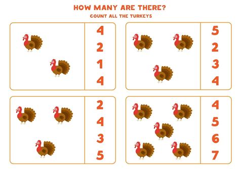 Counting game with farm turkeys. Math worksheet. 2069309 Vector Art at ...