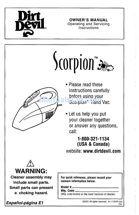 DIRT DEVIL SCORPION HAND HELD VACUUM OWNER'S MANUAL Pdf Download ...