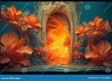 Ethereal Summer Flowers Carved Fire Door at the End of World. Digital Designer Art. Generative ...