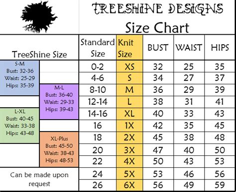 Size Chart – TreeShineDesigns