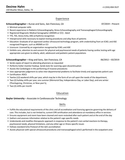 Echocardiographer Resume Samples | Velvet Jobs