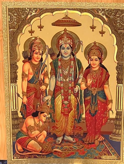 Shri Ram Sita Lakshman Hanuman Photo Gold Foli Print Hanuman Sitting in ...