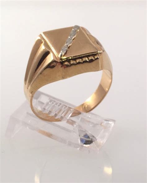 18k yellow gold with white gold signet ring with hallmarks - Catawiki