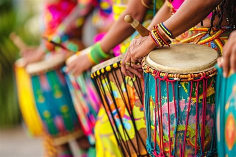 Premium AI Image | Brazilian Carnival music played on drums by colorfully dressed musicians