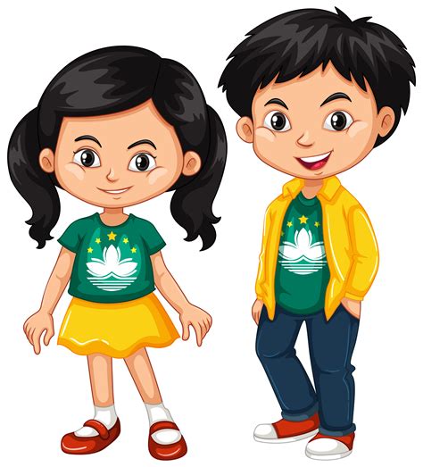 Happy boy and girl wearing shirt with flag of Macau 607329 Vector Art at Vecteezy