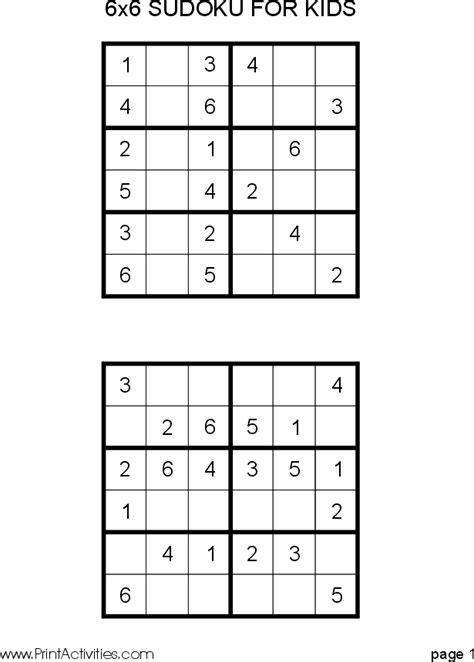 Free Kid Sudoku Puzzle: 6x6 Page 1