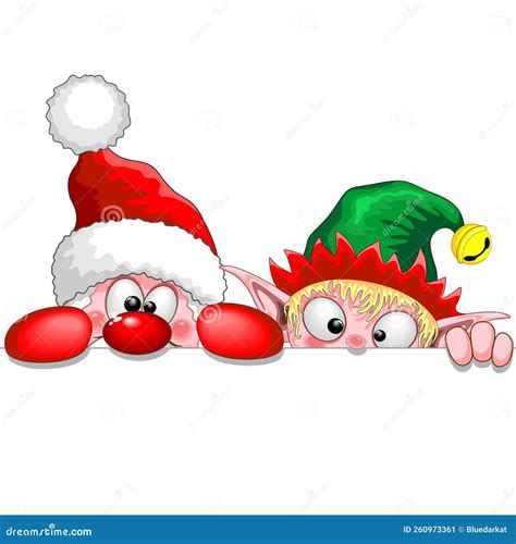 Santa And Elf Cute And Funny Christmas Cartoon Characters Peeking From ...