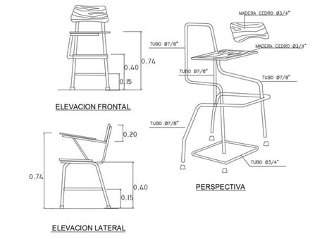 Aluminium student chair elevation and perspective view cad drawing ...