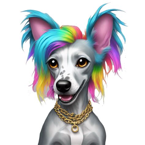 Punk Chinese crested dog neon rainbow cyan green pink hair gold chain punk piercings tattoos ...