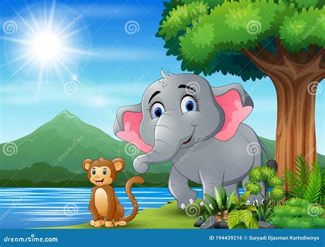 Escena Con Elefante Y Mono Divirtiéndose De La Naturaleza Ilustración del Vector - Ilustración ...