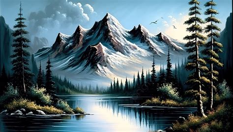 Painting Of Mountains By Water With Trees Background, Bob Ross Pictures, Ross, Building ...