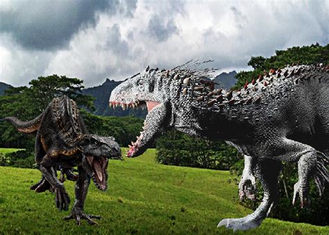 two large dinosaurs are fighting in the grass