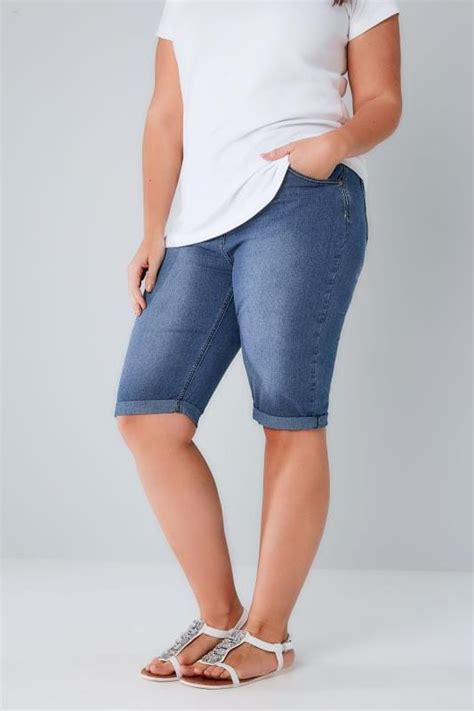 Bleach Blue Long Denim Shorts, Plus size 16 to 32