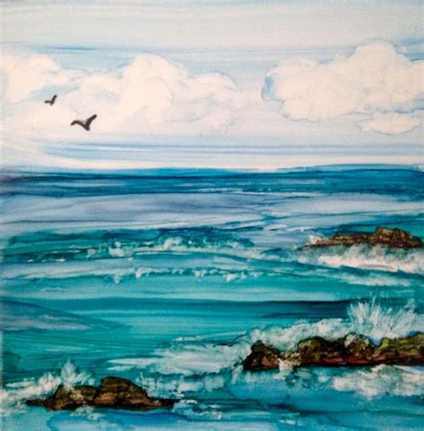 a painting of the ocean with birds flying over it