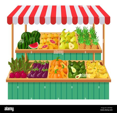 Vegetables supermarket stall. Fruits, vegetables wooden counter, grocery store organic food ...