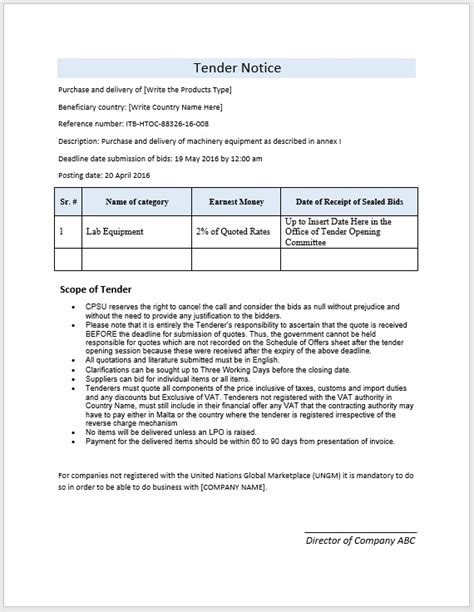 Tender Notice Template - Format and Sample - Word Templates