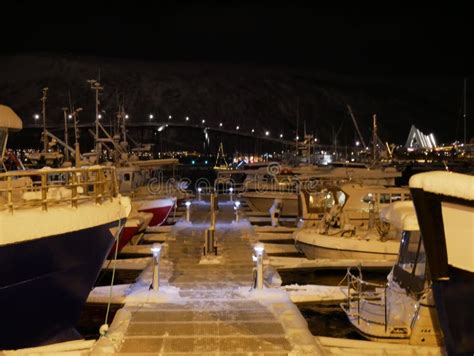 Port of Tromso at Night - Bridge, Arctic Cathedral and Boats ...