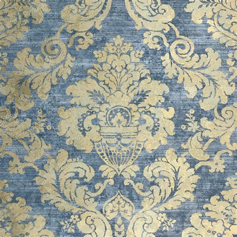 75902 Blue Gold Damask Metallic Wallpaper faux plaster textured ...