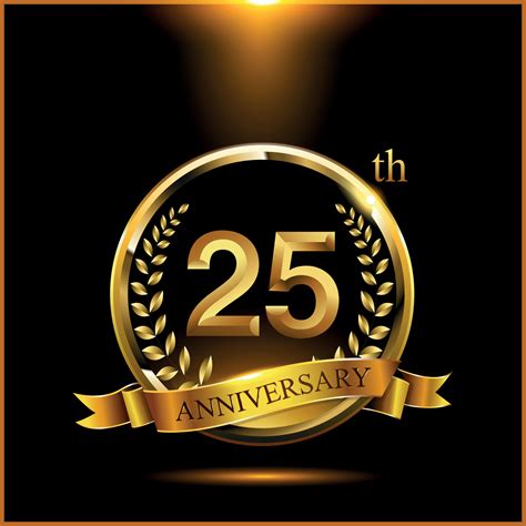 Celebrating 25 years anniversary logo with golden ring and ribbon 19543956 Vector Art at Vecteezy