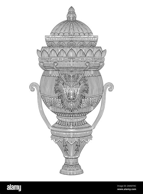 ancient vase with dragon head and flower decoration, vintage engraving drawing style ...