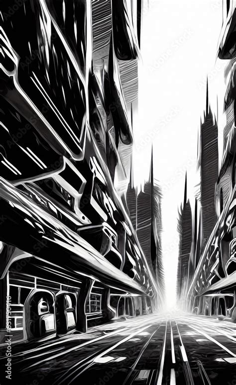 futuristic city, black and white ink sketch, concept illustration Stock ...